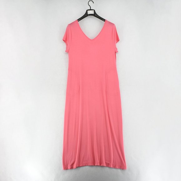 INKIVY Women Pink Soft Jersey Double V-Neck Side Seam Pockets Maxi Nightgown L - Picture 2 of 9